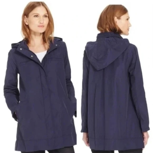 Eileen Fisher Metallic Blue A-Line Jacket Coat Stow Hood Full Zip Size Large - Picture 1 of 10